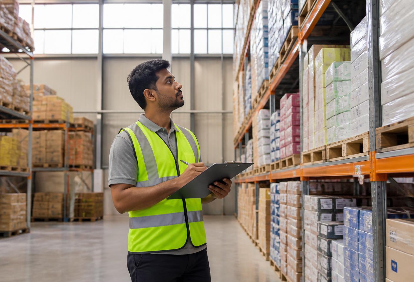 Indian warehouse worker in an ambient dry goods warehouse in Bangalore with tall racking and stacked cartons