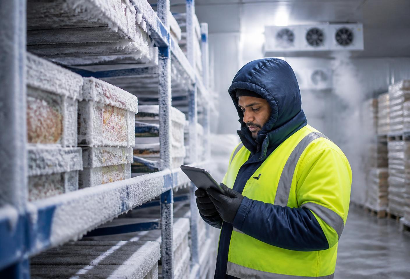 Indian warehouse worker in a frozen cold storage room at minus 18 degrees Celsius with stacked frozen food cartons