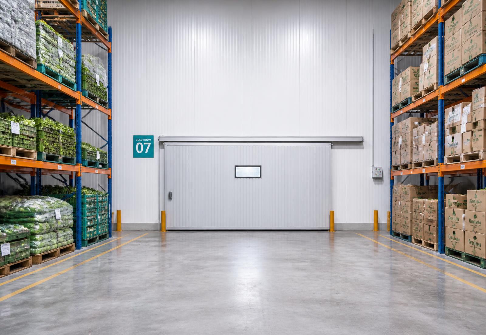 Cold storage distribution warehouse with a wide white ridged sliding freezer door and racks of vegetables and packaged goods on both sides